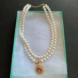 Freshwater Pearl Necklace with amethyst and ruby Pendant.
